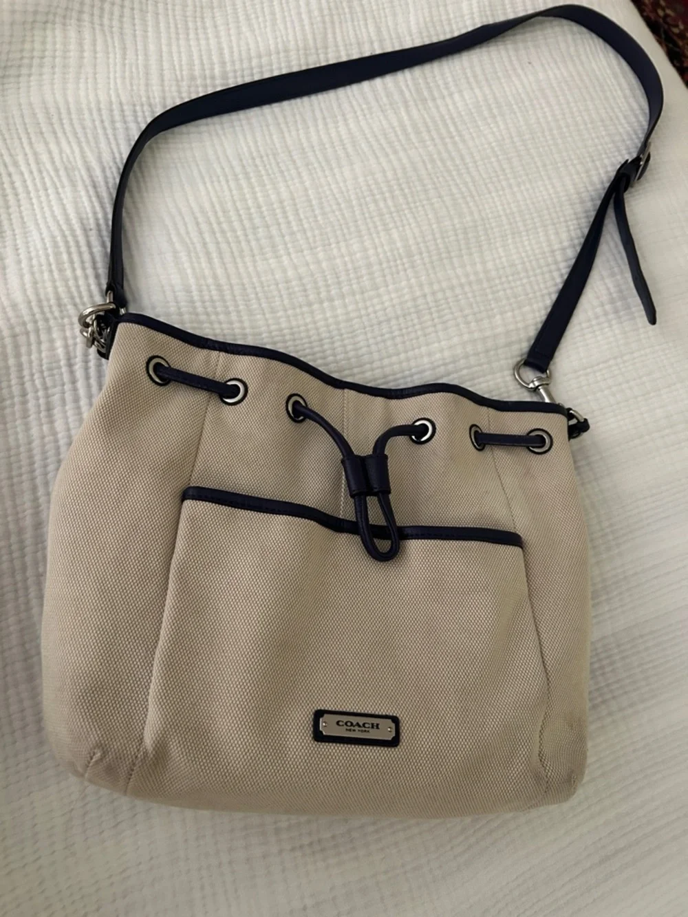 Coach Canvas + Navy Leather Drawstring Shoulder Bucket Bag Silver Hardware